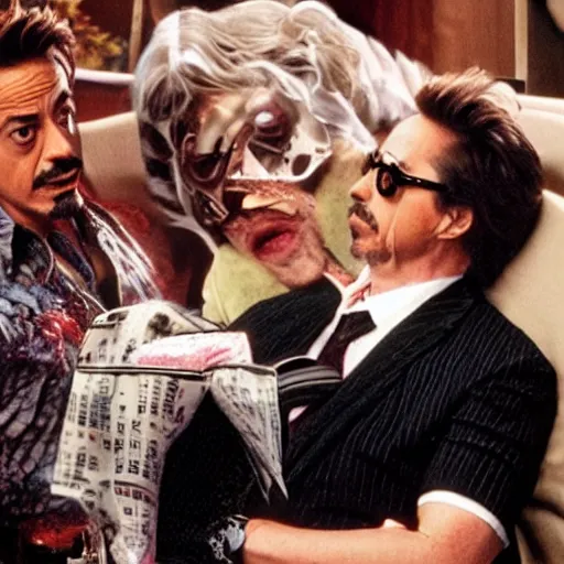 Image similar to robert downey jr. starring in weekend at bernie's 3, robert downey jr with rotten flesh, bernie's rotting corpse in a vegas casino.