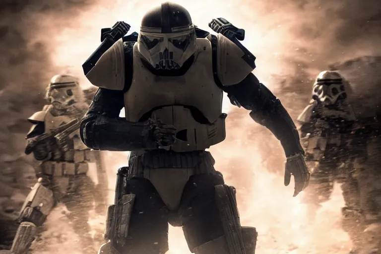 Prompt: helghast soldier kerberos panzer cop sith trooper hybrid in a still of illang the wolf brigade ( 2 0 1 8 ) film, vfx, post processed