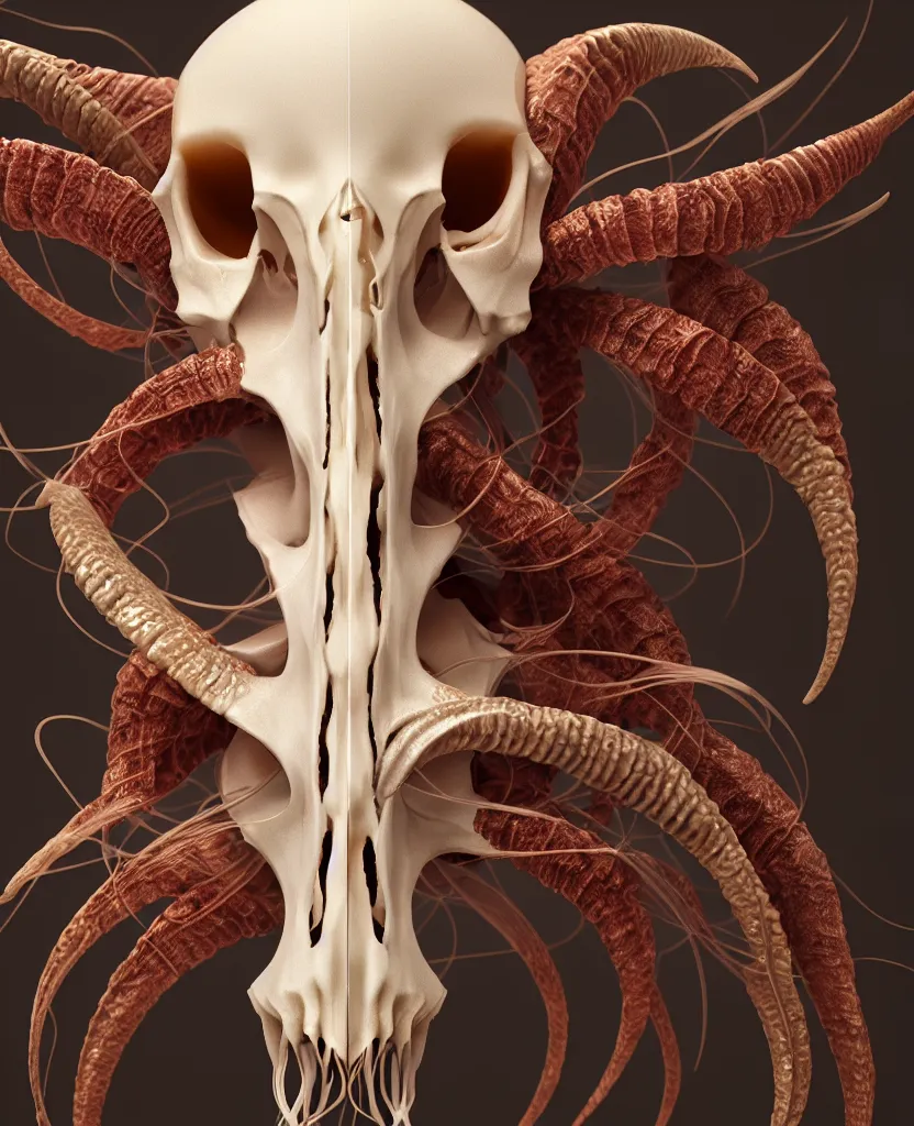 Image similar to goddess close-up portrait goat skull. jellyfish phoenix head, nautilus, orchid, skull, betta fish, bioluminiscent creatures, intricate artwork by Tooth Wu and wlop and beeple. octane render, trending on artstation, greg rutkowski very coherent symmetrical artwork. cinematic, hyper realism, high detail, octane render, 8k