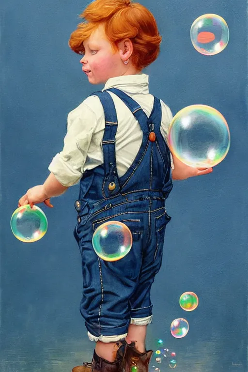 Prompt: a little boy with very short ginger hair wearing denim overalls chasing bubbles. clean elegant painting, beautiful detailed face, lots of bubbles. by norman rockwell and artgerm and greg rutkowski