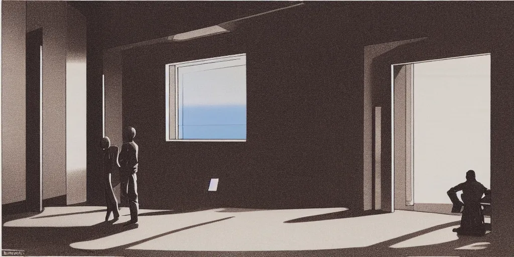 Prompt: 2001: A Space Odyssey, empty lobby, view of Earth through large window, by Ralph McQuarrie