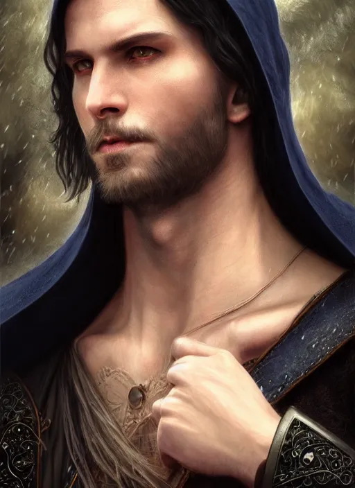 Prompt: ultrarealistic male mage face portrait fighting, long black hair blue eyes wearing leather mantle gothic navy cloak with leather details, cliffside town, fantasy character portrait, octane render, extreme intricate details, elegant, cinematic lighting, highly detailed, artstation, dnd art, cgsociety, sharp focus, beautiful digital painting by artgerm, gerald brom, wlop, alphonse mucha