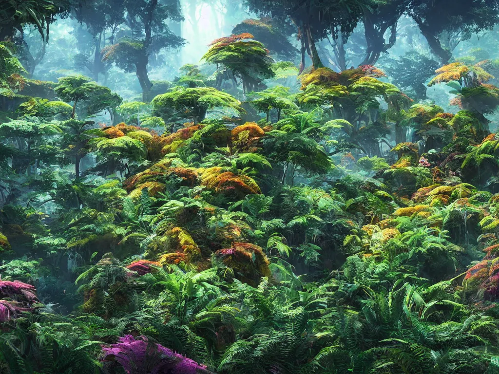 Image similar to a beautiful otherworldly fantasy landscape of dense mechanical shattered lush ferns and evergreen trees in hyper detail like the pacific northwest, vivid glowing colors, extreme detail, studio ghibli and pixar and abzu, rendering, cryengine, deep colors, aerial perspective, epic scale, vray render, cgsociety