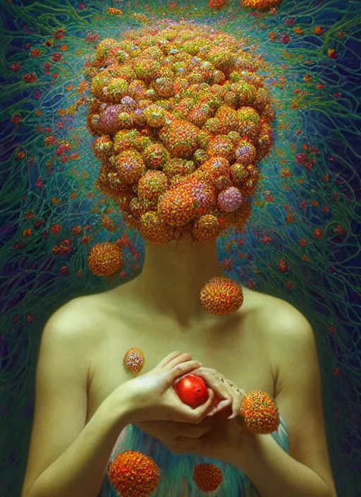 Image similar to hyper detailed 3d render like a Oil painting - Aurora (Singer) Eats of the Strangling Fruit and Her delicate Hands hold of gossamer polyp blossoms bring iridescent fungal flowers whose spores black the foolish stars by Jacek Yerka, Mariusz Lewandowski, Houdini algorithmic generative render, Abstract brush strokes, Masterpiece, Edward Hopper and James Gilleard, Zdzislaw Beksinski, Mark Ryden, Wolfgang Lettl, hints of Yayoi Kasuma, octane render, 8k