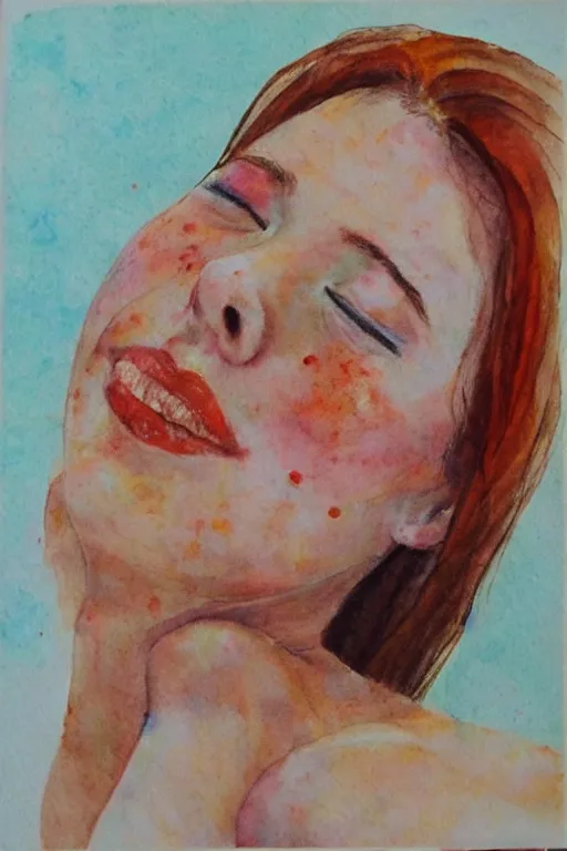 Image similar to portrait of a young beautiful auburn woman, closing her eyes, smiling, aquarelle, realistic painting, freckles, 1 / 4 headshot