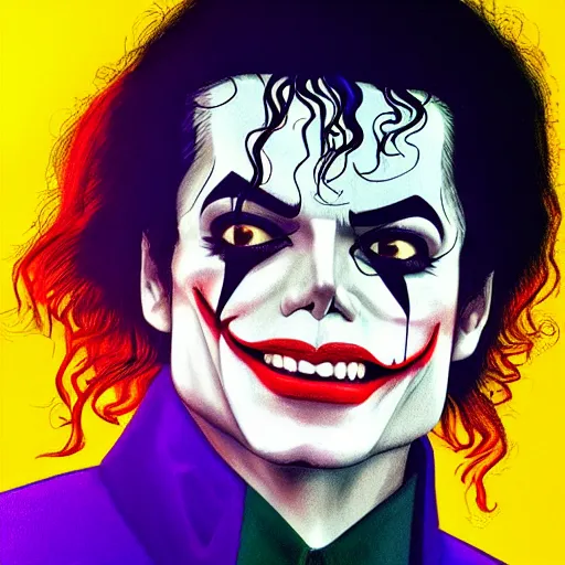 Image similar to michael jackson as the joker laugh on camera. symmetrical anatomy, hyperdetailed, coloured comic, baroque, pop punk art style, fantasy, without duplication, art by ilya kuvshinov and vinicius gud and gustavo zambelli, intricate, trending artstation, dribble popular.