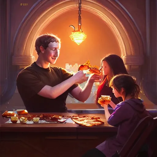 Prompt: Mark Zuckerberg eating big macs, dripping BBQ Sauce, serving happy meals, D&D, spilling ketchup, fantasy, intricate, elegant, highly detailed, digital painting, artstation, concept art, matte, sharp focus, illustration, hearthstone, art by Artgerm and Greg Rutkowski and Alphonse Mucha