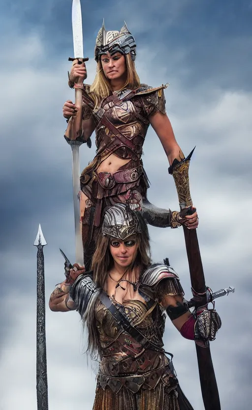 Image similar to a full shot photo of valkyrie, sword, colorful, goddess, caucasian, feminine, axe, realistic, 8 k, hdr, extremely detailed