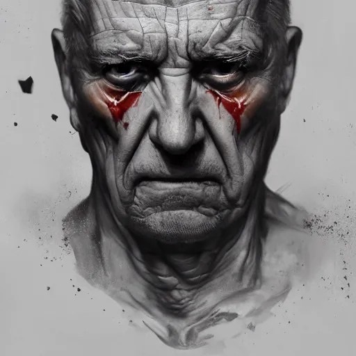 Image similar to close-up, symmetrical, portrait of an old man, bruised, scarred, marvel art, art by greg rutkowski, matte painting, trending on artstation