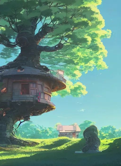 Prompt: a cute house in a giant tree, nuclear powered, detailed, futuristic, cory loftis, james gilleard, atey ghailan, makoto shinkai, goro fujita, studio ghibli, rim light, exquisite lighting, clear focus, very coherent, plain background