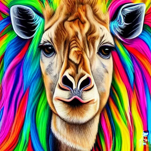 Prompt: portrait of a cute fluffy giraffe with long colorful flowing lion mane with mohawk hairstyle hybrid animal detailed painting 4 k