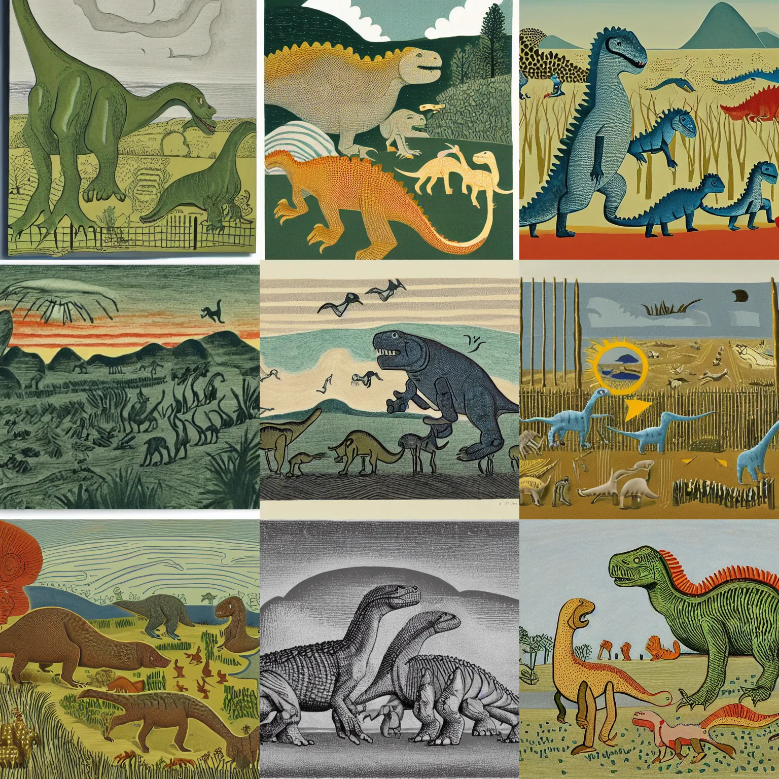 Prompt: dinosaurs by Eric Ravilious
