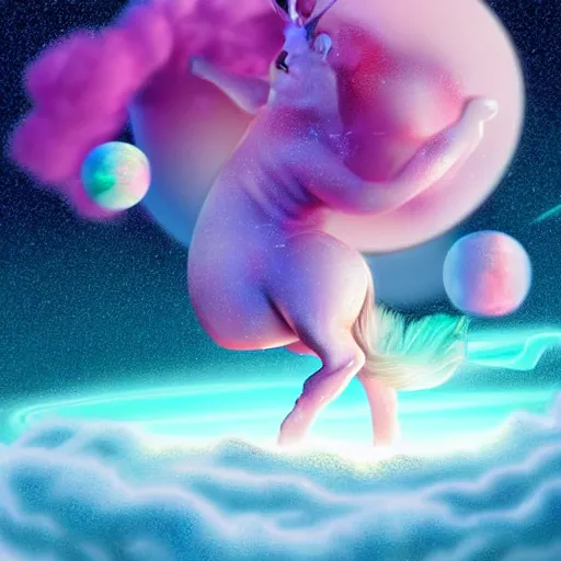 Prompt: a giant pink fat unicorn eating jupiter like cotton candy, digital art, highly detailed