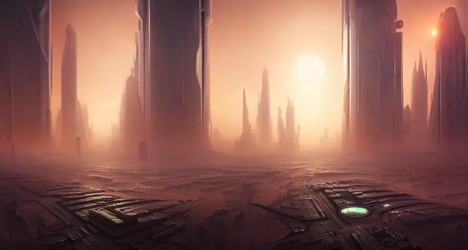 Image similar to cinematic shot, futuristic city on the mars made of stacked disks, utopian, bladerunner, digital painting, artstation, concept art, smooth, sharp focus, illustration, intricate, elegant, highly detailed, in the style of greg rutkowski and alphonse mucha and artemisia, 8 k, highly detailed, jurgens, rutkowski