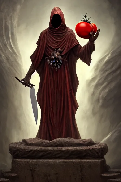 Prompt: an ancient statue of a hooded cultist is holding a bloody knife in one hand and a tomato on the other, standing in a forgotten temple to an eldritch god, by patrick mcenvoy and michael komarck and fantasy flight, incredible quality, trending on artstation