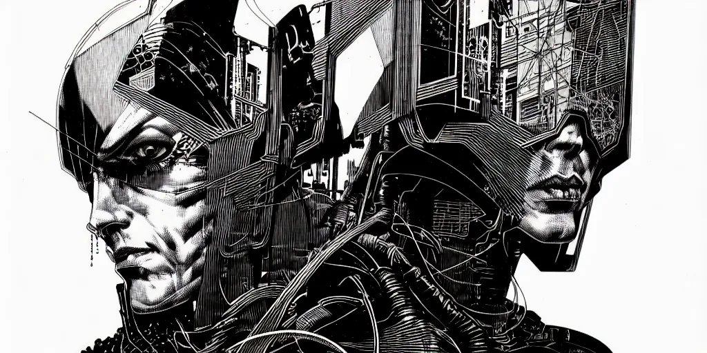 Image similar to cyberpunk portrait, bold line art, by bernie wrightson, etching, screen print, sharp, hyper - detailed