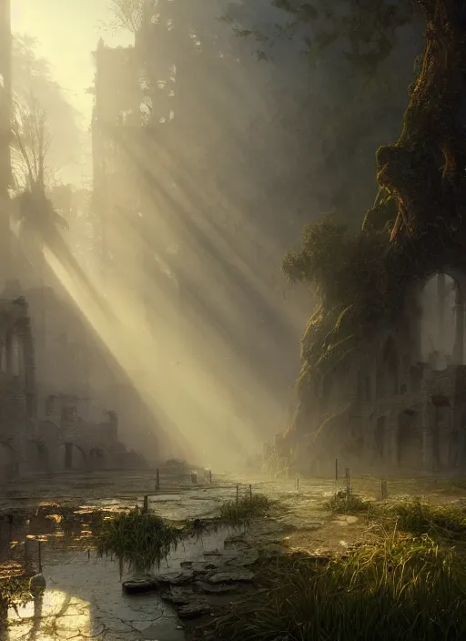 Prompt: the ruins of a once great city, mist, sunrays, dust in the air, dnd character, unreal engine, octane render, dramatic lighting, pond, digital art, by stanley artgerm lau, greg rutkowski, thomas kindkade, alphonse mucha, loish, norman rockwell,