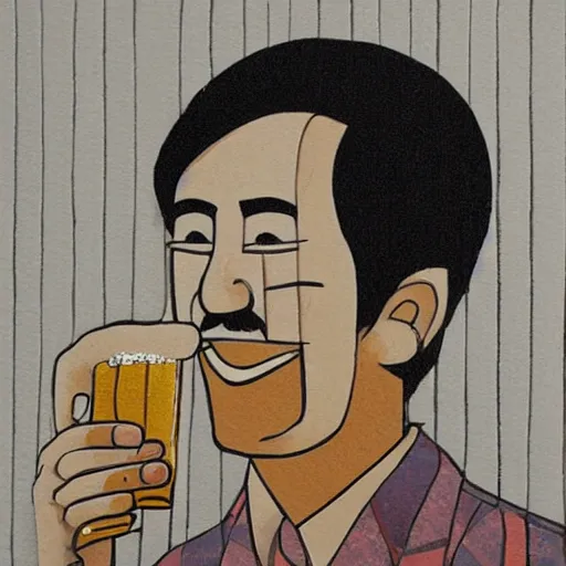 Image similar to a man happily drinks beer, art created by Kimitake Yoshioka.