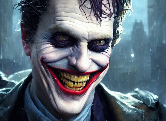 Image similar to highly detailed portrait of mark hamil as the joker, in batman : arkham knight, stephen bliss, unreal engine, fantasy art by greg rutkowski, loish, rhads, ferdinand knab, makoto shinkai and lois van baarle, ilya kuvshinov, rossdraws, tom bagshaw, global illumination, radiant light, detailed and intricate environment