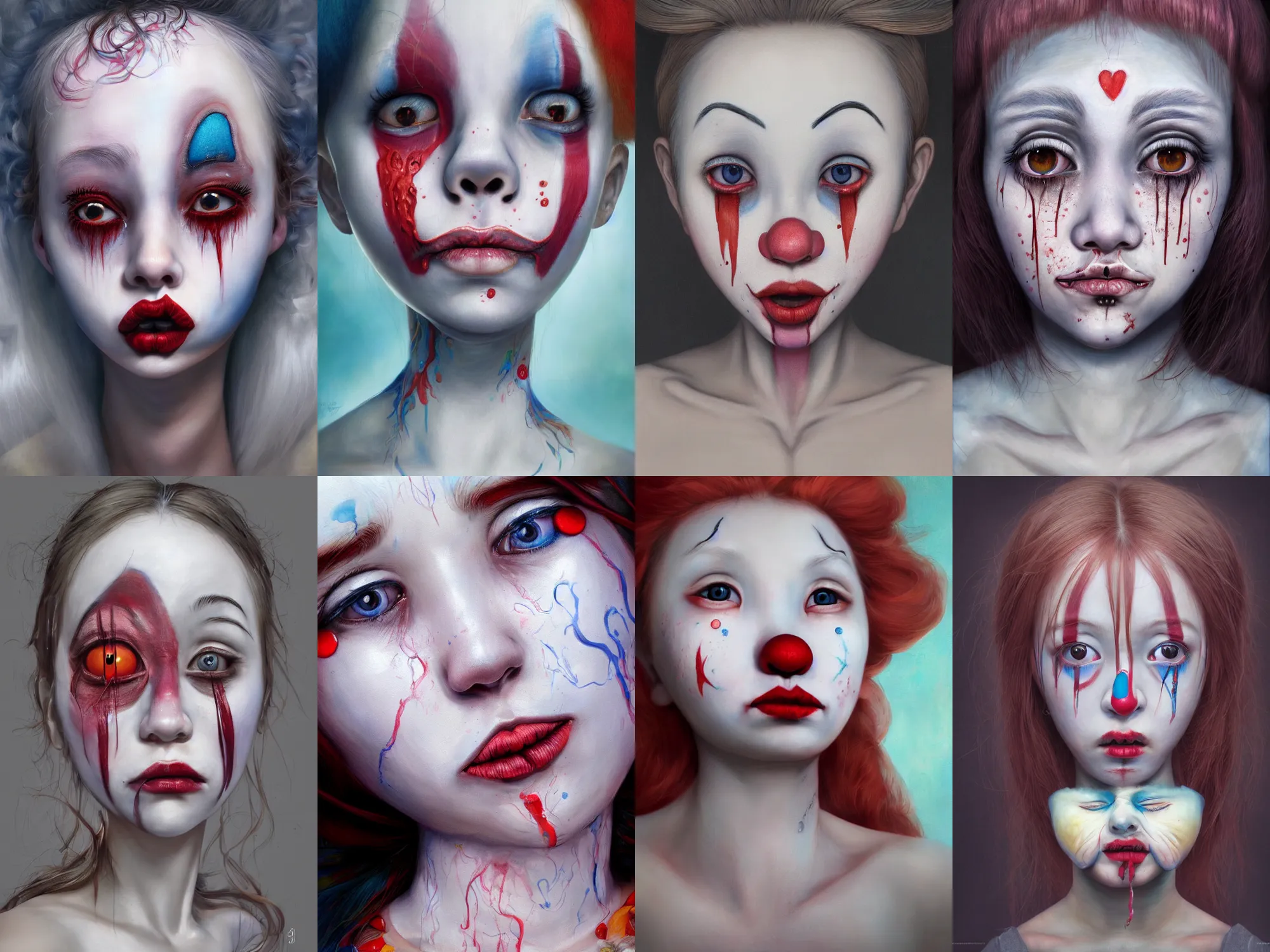 Image similar to detailed painting of clown girl crying, piercing eyes, james jean, miho hirano, hyperrealistic, octane render, ambient light, dynamic lighting