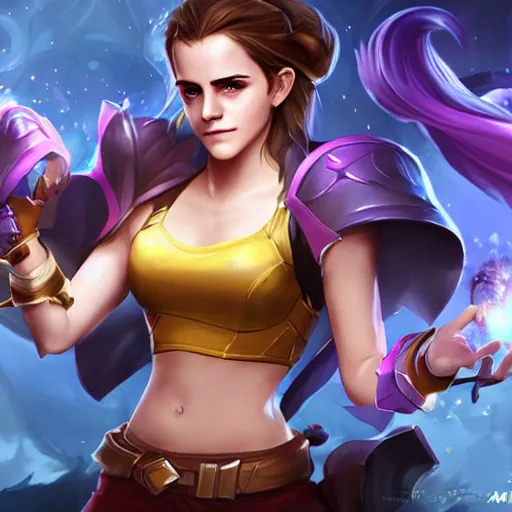 Prompt: Emma Watson as champion in League of Legends . Digital Art. Legendary Skin.