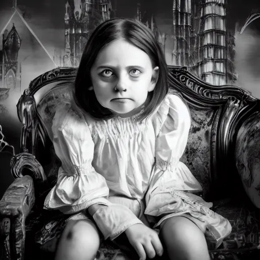 Prompt: a photo of young sad victorian gothic child with big eyes and wide grin sitting on a sofa of bones surrounded by a cyber futuristic cityscape made of human body parts, lighting, 5 0 mm, award winning photography