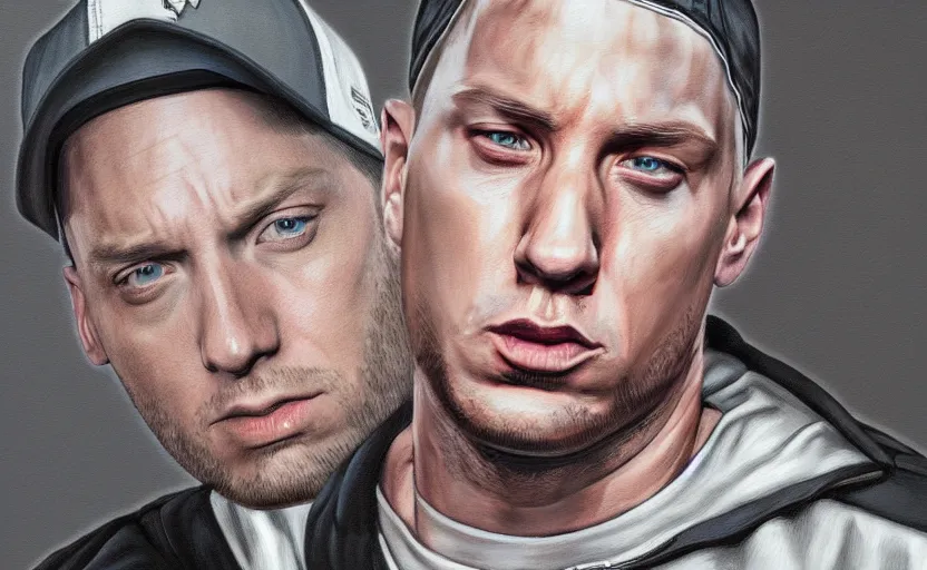 Image similar to eminem in gta v covert art painted by stephen bliss, centered, uncropped, full body, symmetrical face, crispy, trending on artstation, deviantart