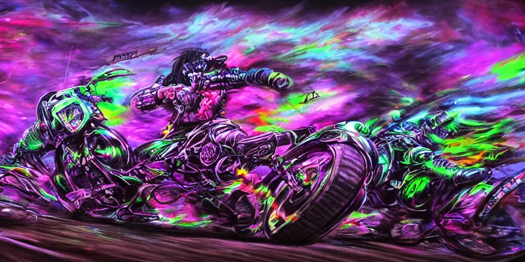 Prompt: psychedelic blacklight airbrush artwork, motorcycles, hyper stylized action shot of orc bikers racing on motorcycles, menacing orcs, drifting, skidding, wheelie, clear focused details, soft airbrushed artwork, black background, post - apocalypse, cgsociety, artstation, peter palombi, peter lloyd