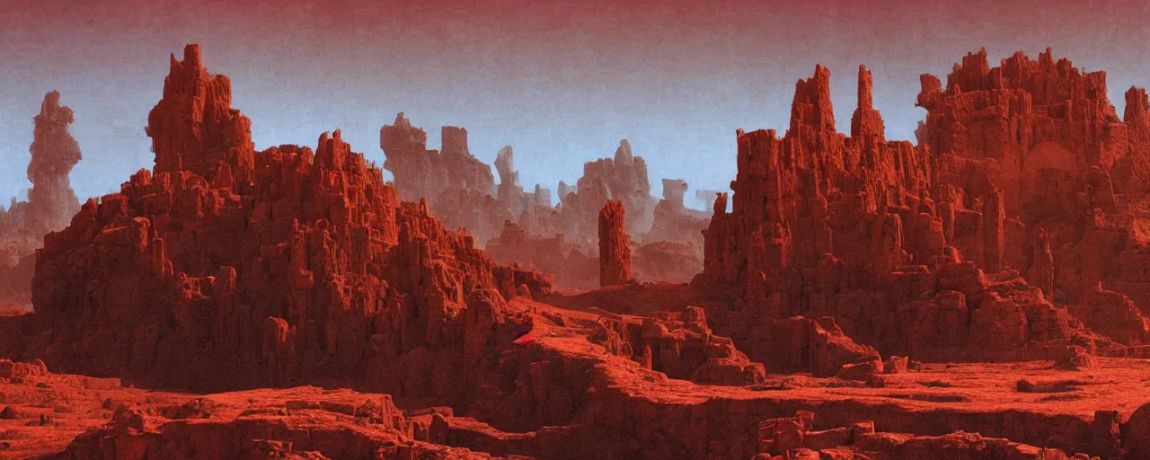 Prompt: ancient cities, castles, fortresses built by demigods aeons ago buried under time and sand on barren desert exoplanet illuminated by enormous red giant by James Gurney, by Caspar David Friedrich, by Zdiszslaw Beksinski and Alex Gray, hyperdetailed illustration with vivid palette