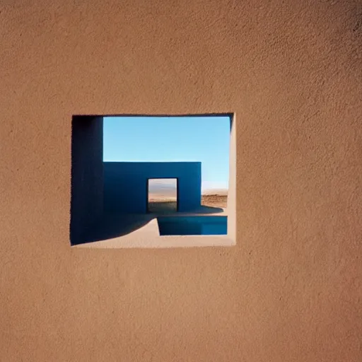 Image similar to a Non-Euclidean orb-like clay house sitting in the desert, vintage photo, beautiful cinematography, blue sky, film grain, James Turrell