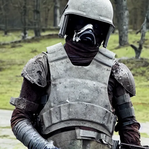 Prompt: Dying British mercenary wearing grey body armor smoking a cigarette in the aftermath of a bloody battle, photo by Adam Ferguson, Pulitzer Winning, cinematic composition, breathtaking, modern, 2022