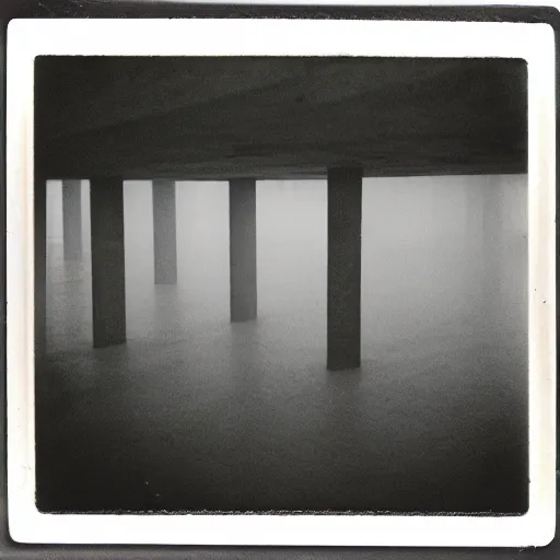 Prompt: an impossibly complex concrete structure, foggy, dark, old polaroid, expired film,