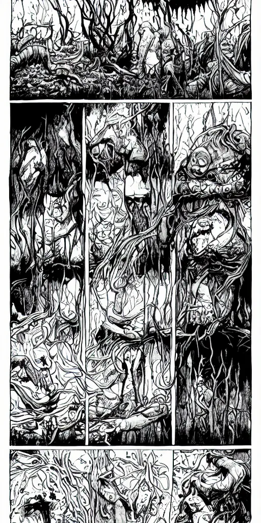 Image similar to multi - panel page from a highly detailed horror comic. swamp. woman. creature. terror. ink.