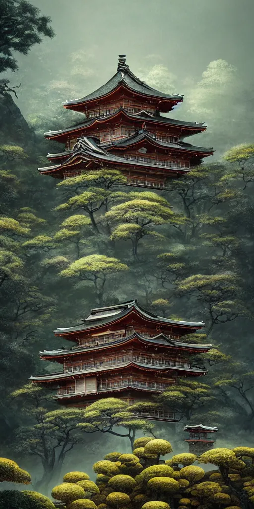 Image similar to japanese style palace on a mountain overgrown by glowing mushrooms, hyper realistic, lush gnarly plants, 8 k, denoised, by greg rutkowski, tom bagshaw, james gurney cinematic lighting