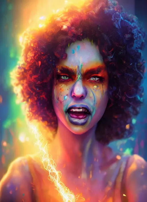 Prompt: an epic fantasy comic book style portrait painting of a girl wearing colorful makeup with a mischievous smile and curly brown hair stepping out of a doorway with light shining behind her, unreal 5, daz, hyperrealistic, octane render, cosplay, rpg portrait, dynamic lighting