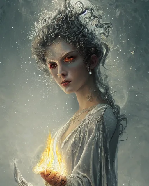 Image similar to a highly detailed portrait of beautiful pale female pyromancer radiating a majestic fiery aura, ornate silvered robes, wispy tendrils of smoke, intricate, digital painting, old english, raining, sepia, particles floating, whimsical background by marc simonetti, artwork by ramond swanland and liam wong