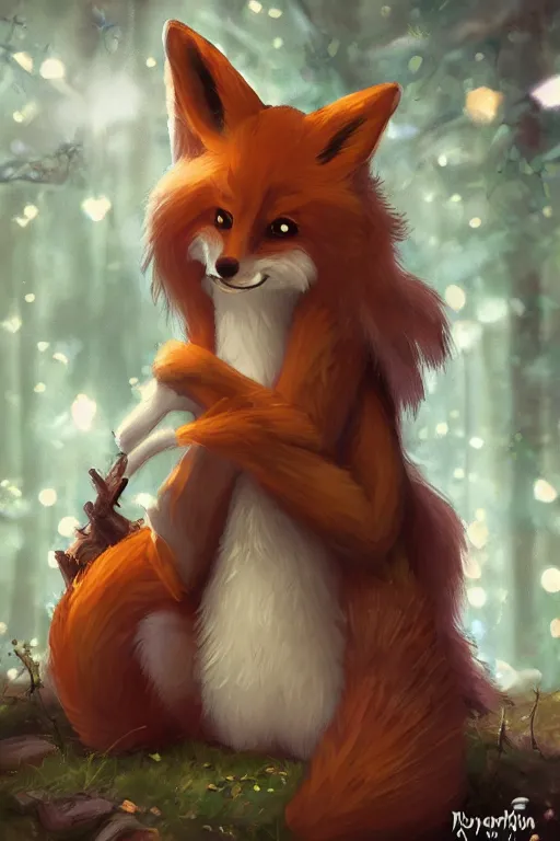 Image similar to a pretty medieval anthropomorphic fox with a fluffy tail in the forest, comic art, trending on furaffinity, cartoon, kawaii, backlighting, furry art!!!, radiant light, bokeh, trending on artstation, digital art