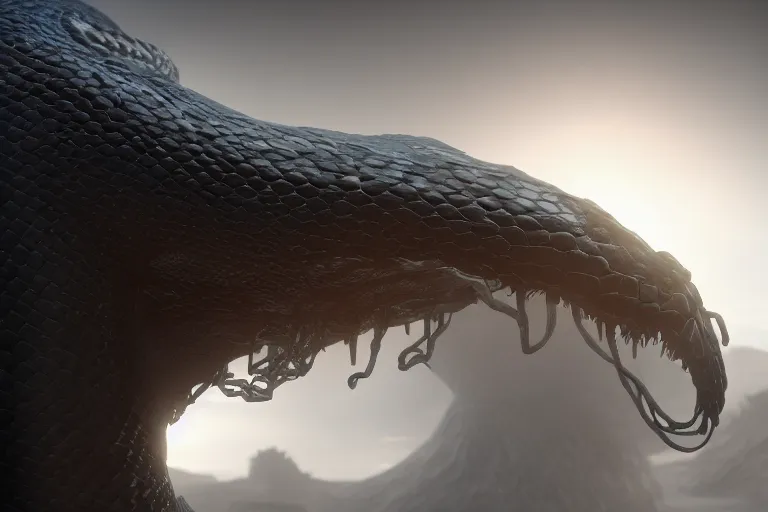 Prompt: amplified ritual engine, closeup portrait of a coiled colossal monster snake shrouded in fog, dramatic lighting, unreal engine, cgsociety, artstation, 4k