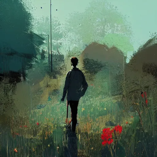 Image similar to timothee chalamet, concept art by jama jurabaev and ismail inceoglu and sparth, cel shaded, cinematic shot, trending on artstation, high quality, brush stroke, lawns, fluorescent spots, luminous flowers, and lonely atmosphere