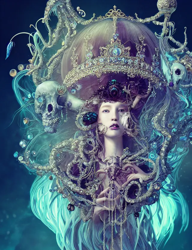 Image similar to baroque bedazzled gothic royalty frames surrounding a goddess macro close - up portrait wigh crown made of ram skull. betta fish, jellyfish phoenix, bioluminiscent, plasma, ice, water, wind, creature, super intricate ornaments artwork by tooth wu and wlop and beeple and greg rutkowski