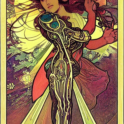 Image similar to Metroid by Alphonse Mucha, high detail, peaceful colors, tarot card