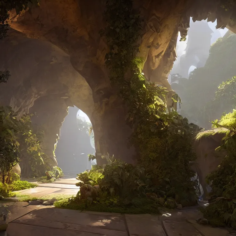 Prompt: arc hallway for secret overwatch habitation quarters carved inside a cave surrounding a lush garden, trimmed, sheltered, magical, natural light, clean lines, cozy, fantasy, minimalist architecture, sharp focus, concept art, by greg rutkowski and craig mullins,, octane render 8 k