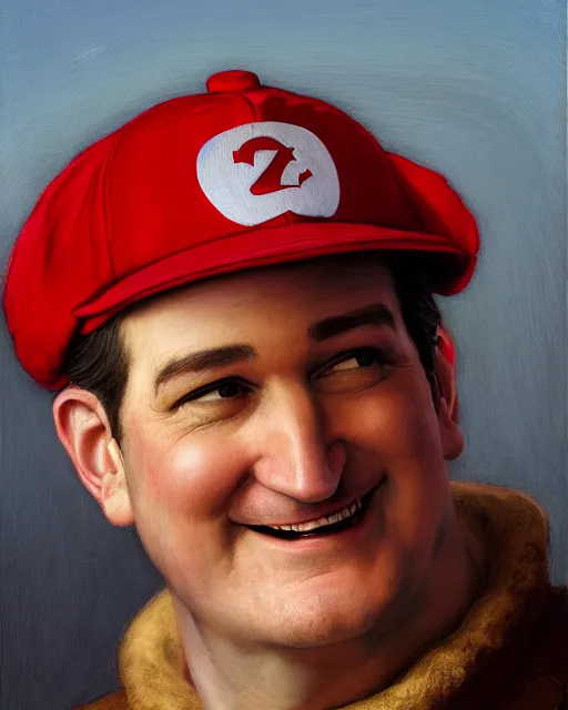 Prompt: closeup portrait of whimsical conniving ted cruz wearing a red baseball cap speaking at a convention, court jester in renaissance era, masterpiece, by donato giancola and greg rutkowski and wayne barlow and zdzisław beksinski, high contrast, realistic face