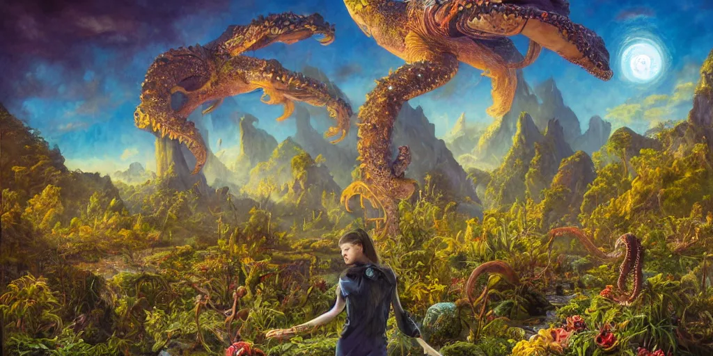 Prompt: fantasy oil painting, great leviathan, cybernetic turtle cephalopod terrapin reptilian pachyderm squid, bella hadid, hybrid, milla jovovich, anubis, epic natural light, lush plants flowers, spectacular mountains, bright clouds, luminous sky, outer worlds, golden hour, michael cheval, edward hopper, michael whelan, vray, hd