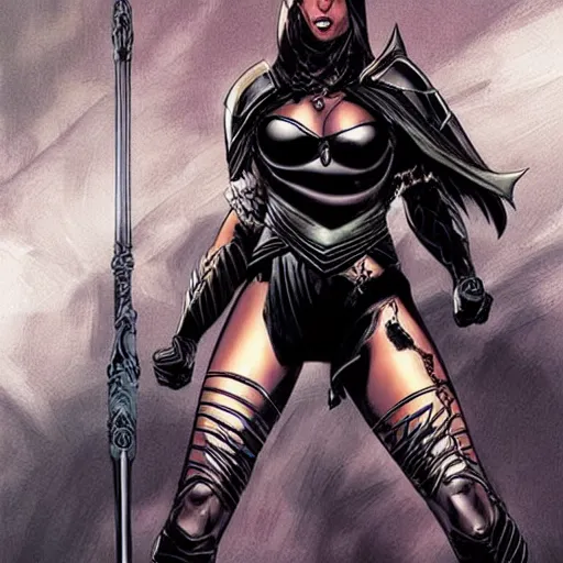 Image similar to a beautiful warrior woman with dark hair, wearing black jumpsuit covered by plates of black body armour, she is holding a long staff, detailed face, smooth, sharp focus, graphic novel, art by pepe larraz,