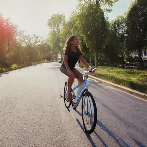 Image similar to An attractive woman riding a bicycle without a seat, high definition, high quality, award winning,