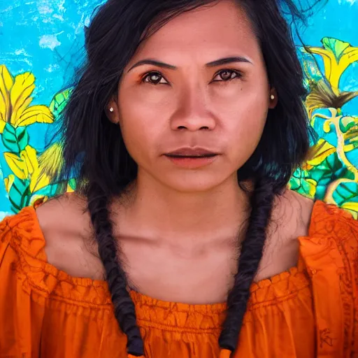 Image similar to a hawaiian filipino portuguese woman with brunette hair and blue luminously incandescent eyes, photorealistic imagery, self - portrait, 4 k, 8 k