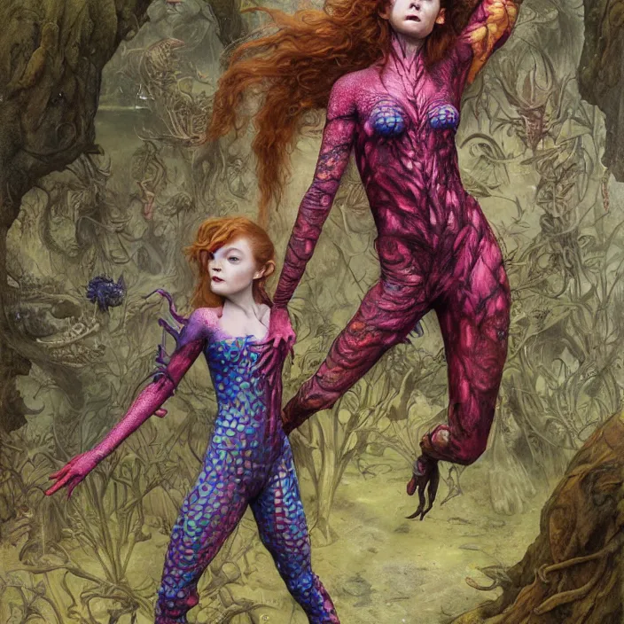 Prompt: a portrait photograph of sadie sink as a brightly colored elf reptile hybrid with wet mutated skin. wearing a catsuit many body modifications. by tom bagshaw, donato giancola, hans holbein, walton ford, gaston bussiere, brian froud, peter mohrbacher and magali villeneuve. 8 k, cgsociety