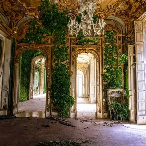 Prompt: a dream about inside opulent abandoned overgrown Palace of Versailles, lush plants growing through the floors and walls, walls are covered with vines, beautiful, dusty, golden volumetric light shines through giant broken windows, rich with epic details and dreamy atmosphere