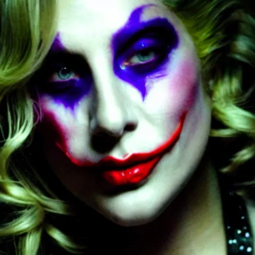 Prompt: beautiful awe inspiring Lady Gaga playing The Joker 8k hdr movie still moody lighting